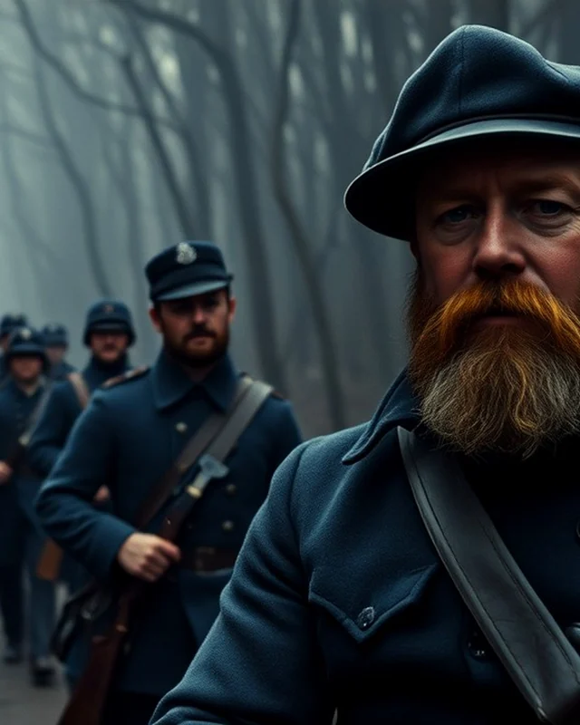 Painted portrait of a bearded Union soldier marching with his regiment through a winter forest