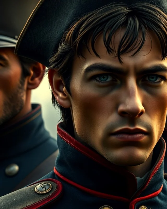 Painted portrait of a young officer in a dark Napoleonic-era uniform