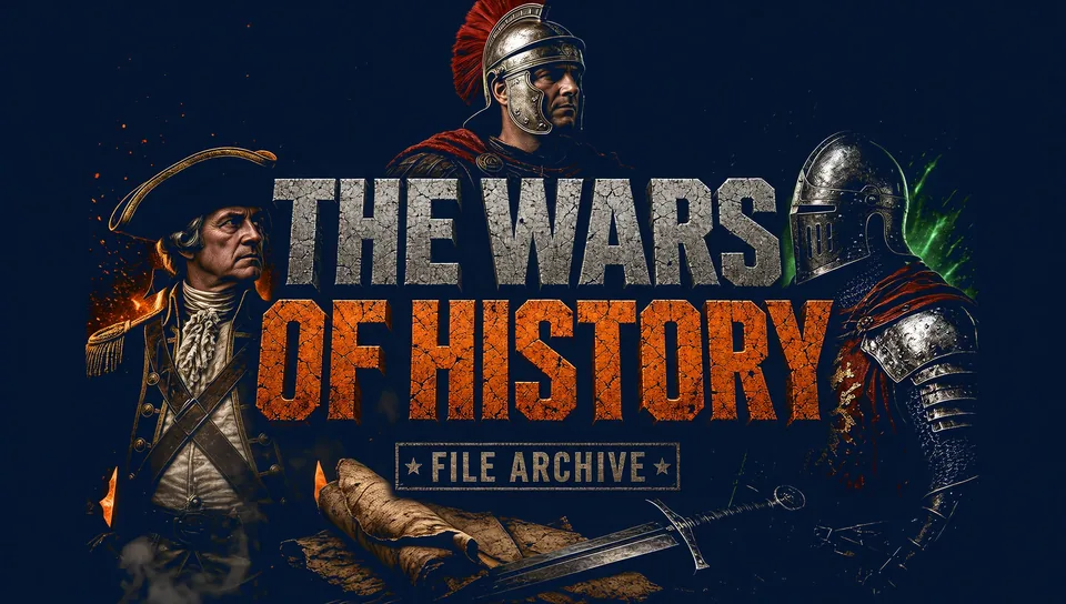 The Wars Of History logo with painted figures of a Revolutionary War officer, a Roman soldier and a medieval knight